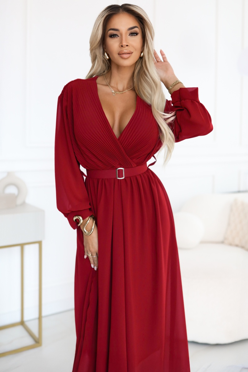 67905639-1 Elegancka plisowana sukienka maxi z paskiem i kopertowym dekoltem - bordowa-2