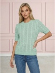 Sweter damski warkocz z krótkim rękawem, bawełniany Miętowy - W260291