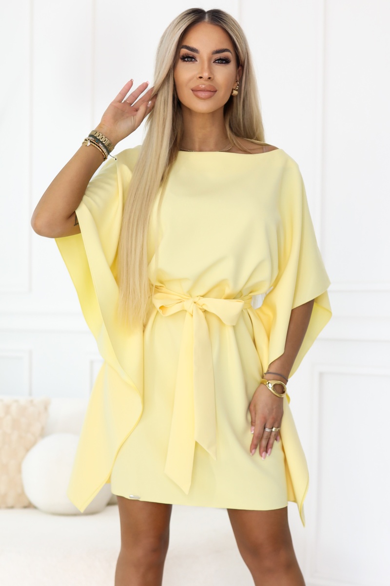 68225287-41 SOFIA Sukienka motyl z wiązaniem w pasie - pastelowy cytrynowy-1