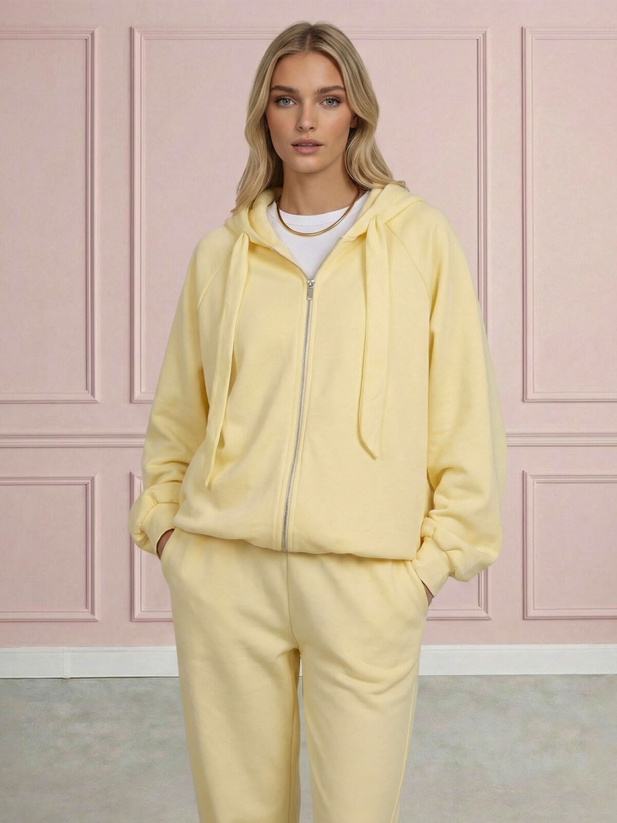 Komplet dresowy damski oversize z bluzą na zamek i szerokimi spodniami Żółty - W260262 (2).jpg