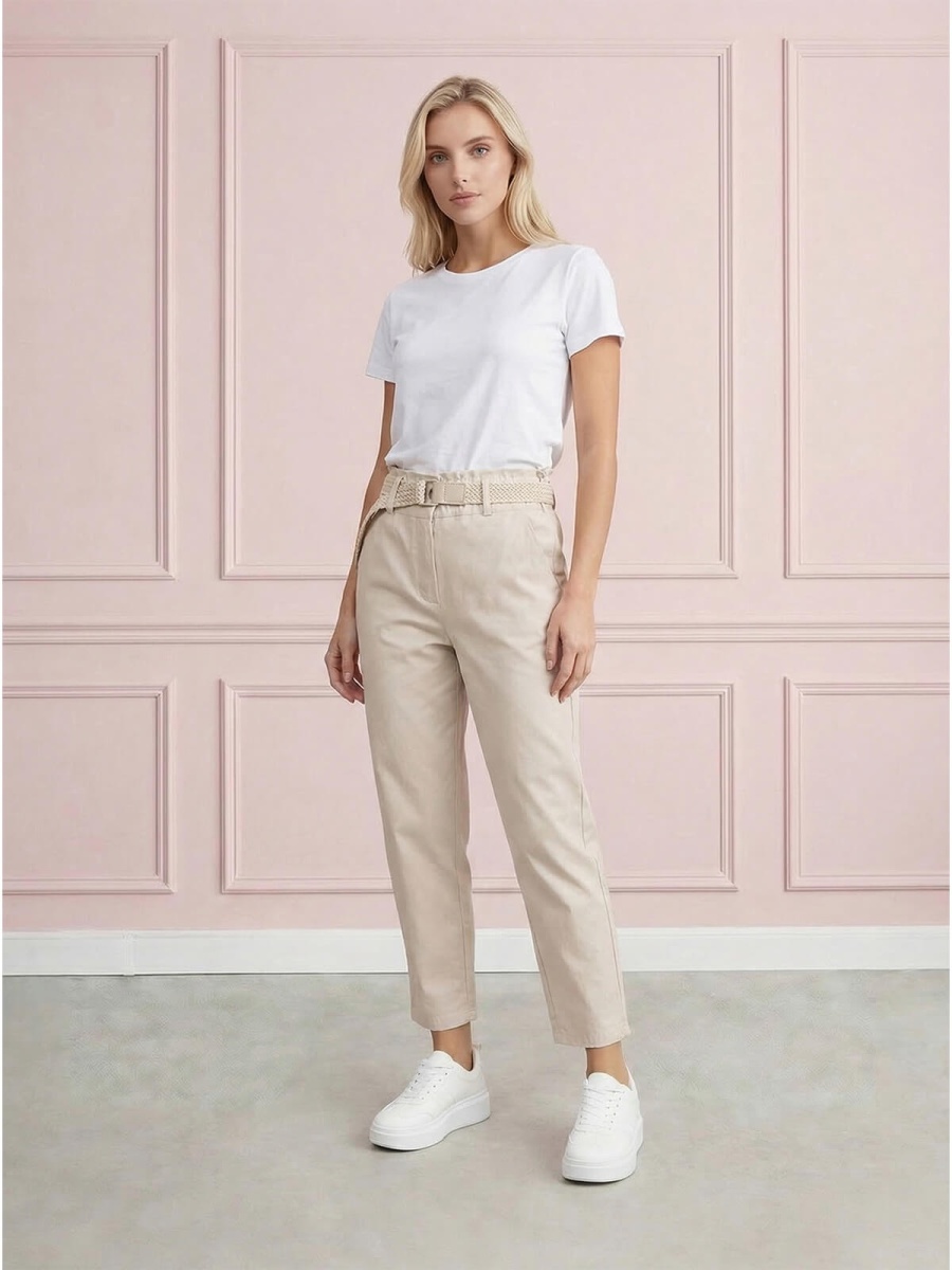 Casualowe spodnie damskie boyfriend 78 z paskiem Beżowe - W260485 (1).jpg