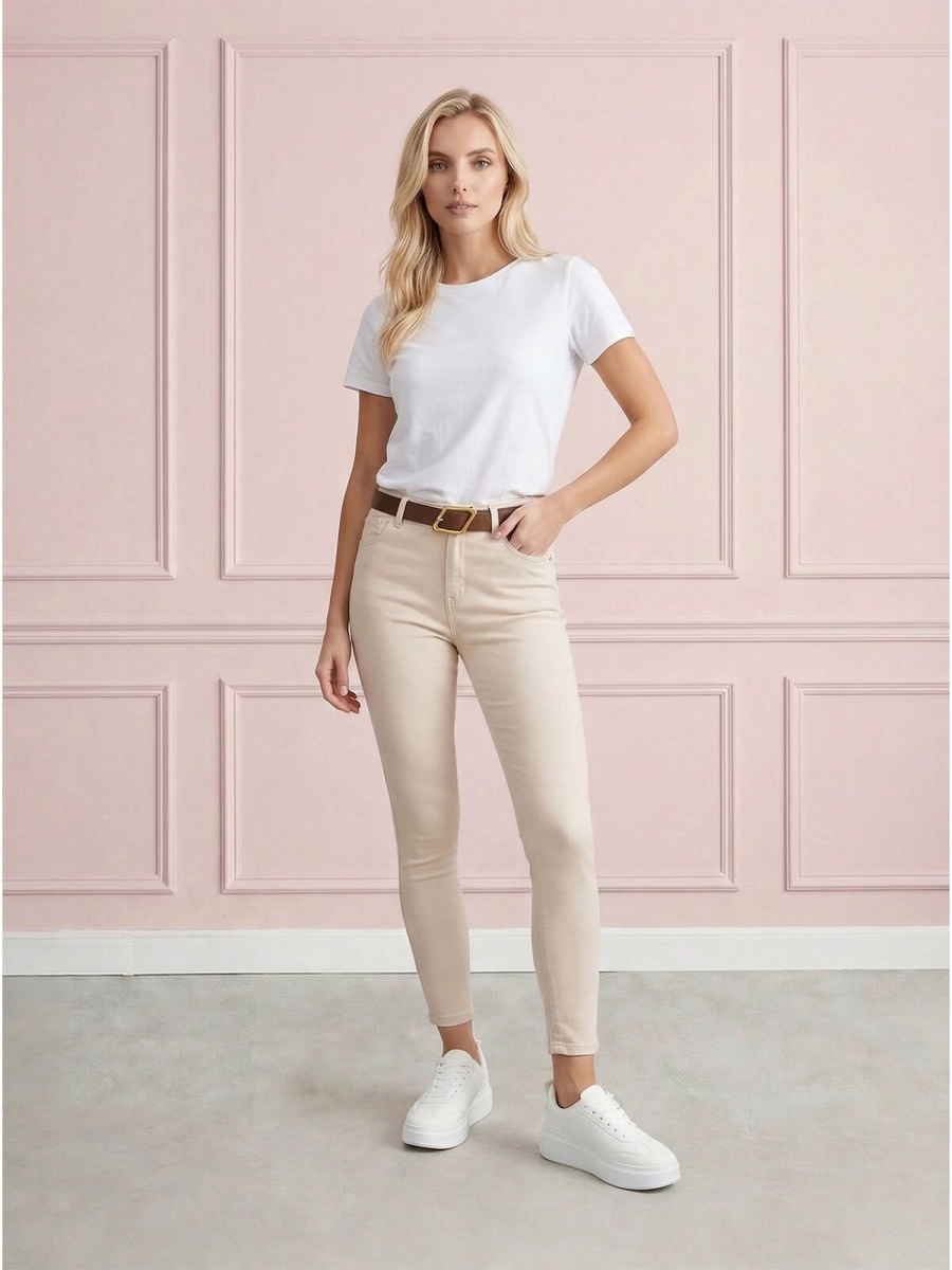 Spodnie jeans damskie M.Sara push up rurki 78 z paskiem J.Beżowe - W260669 (1).jpg
