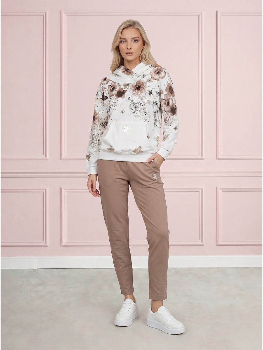 Bluza damska Megi z kapturem ŚmietankowaBrązowa w kwiaty - J260028 (1).jpg