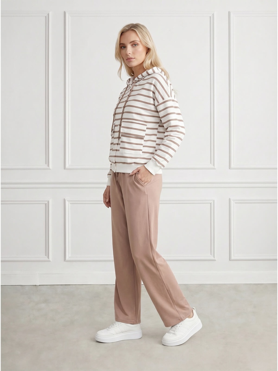 Bluza dresowa damska Megi rozpinana z kapturem w paski ŚmetankowaBeżowa - W260945 (3).jpg