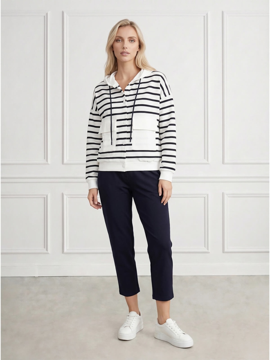 Bluza dresowa damska Megi rozpinana z kapturem w paski ŚmetankowaGranatowa - W260945 (5).jpg