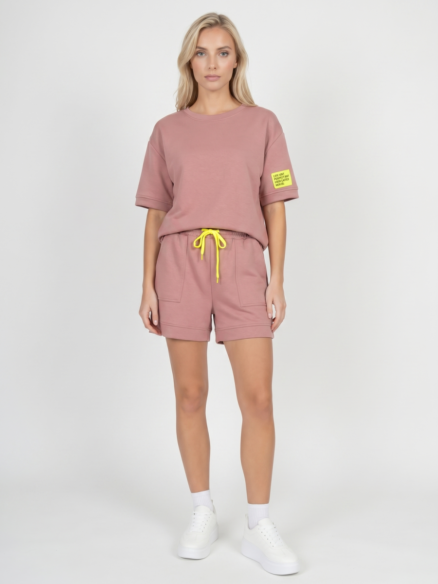 Komplet dresowy damski Pink Fashion - Bluza/Szorty Brudny Róż - W251027