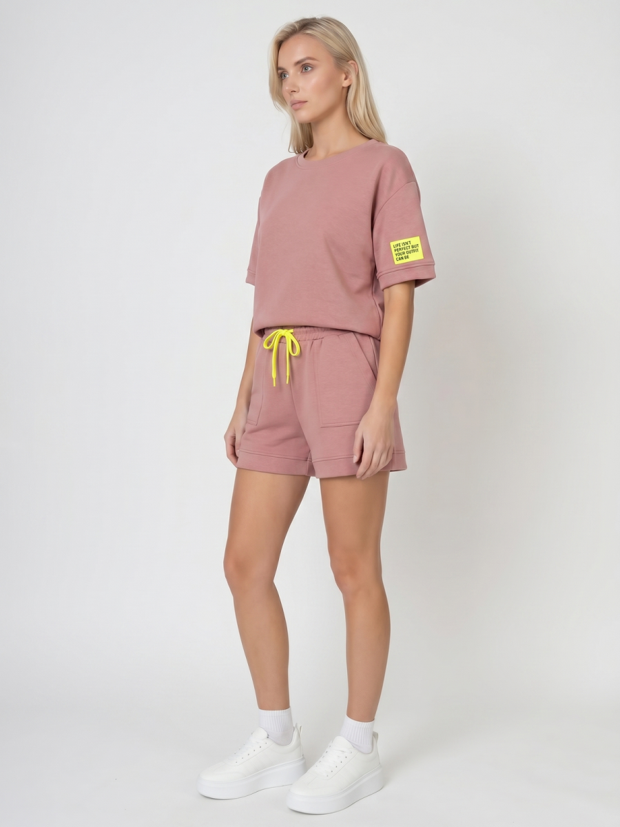 Komplet dresowy damski Pink Fashion - Bluza/Szorty Brudny Róż - W251027
