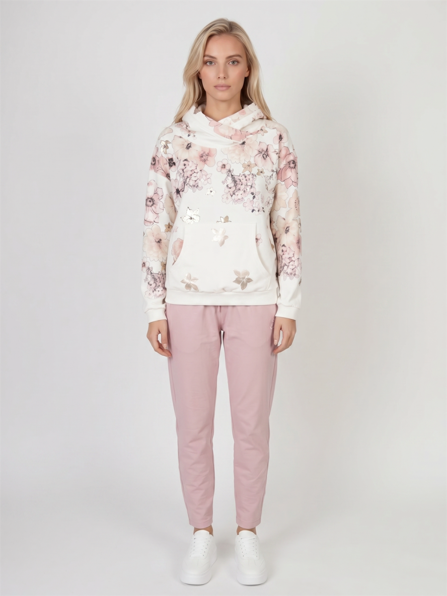 Bluza damska Megi z kapturem Śmietankowa/Różowa w kwiaty - J260028