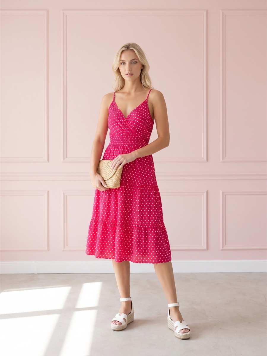 Letnia sukienka midi na ramiączka w groszki Pink Fashion Różowa - W261351