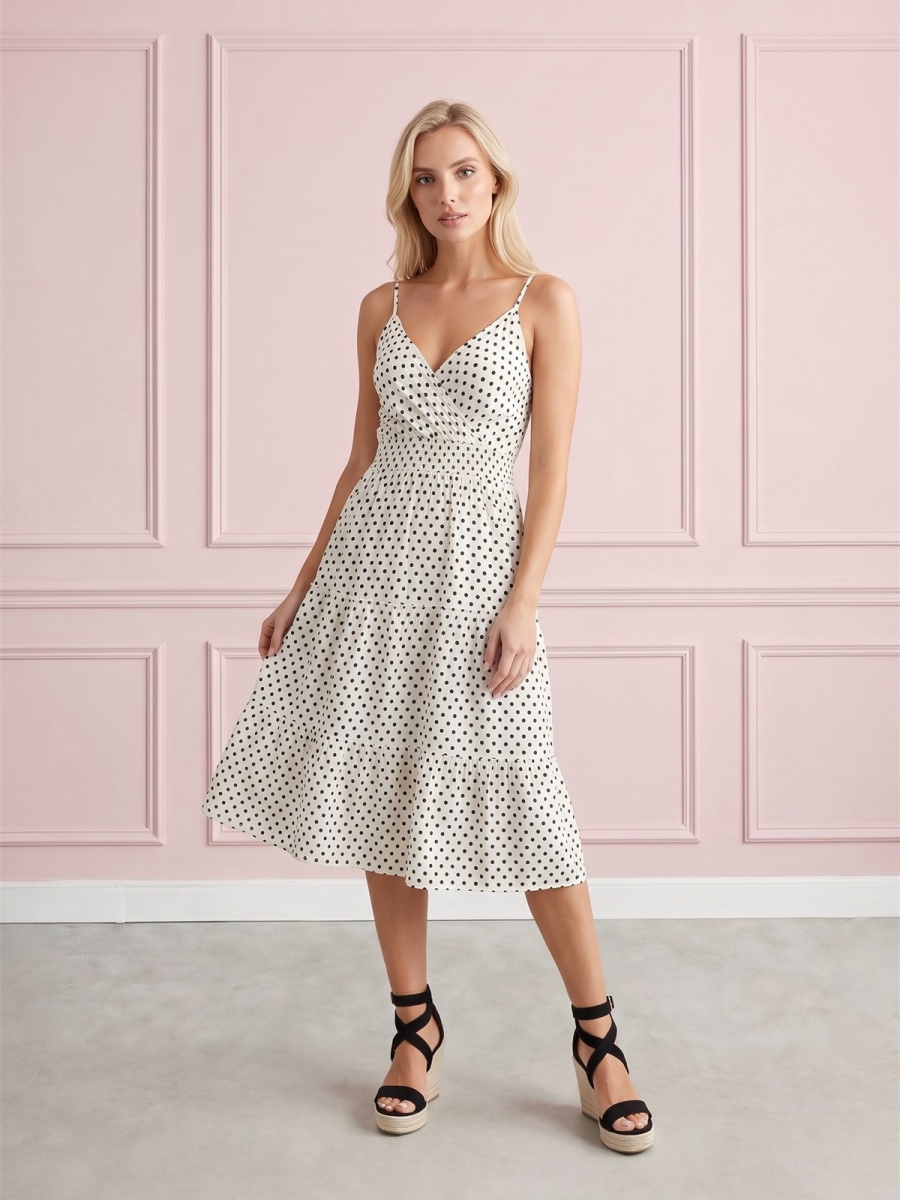 Letnia sukienka midi na ramiączka w groszki Pink Fashion Ecru - W261351