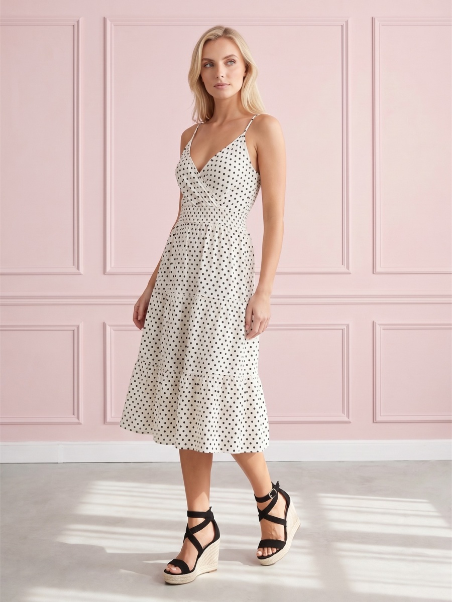 Letnia sukienka midi na ramiączka w groszki Pink Fashion Ecru - W261351