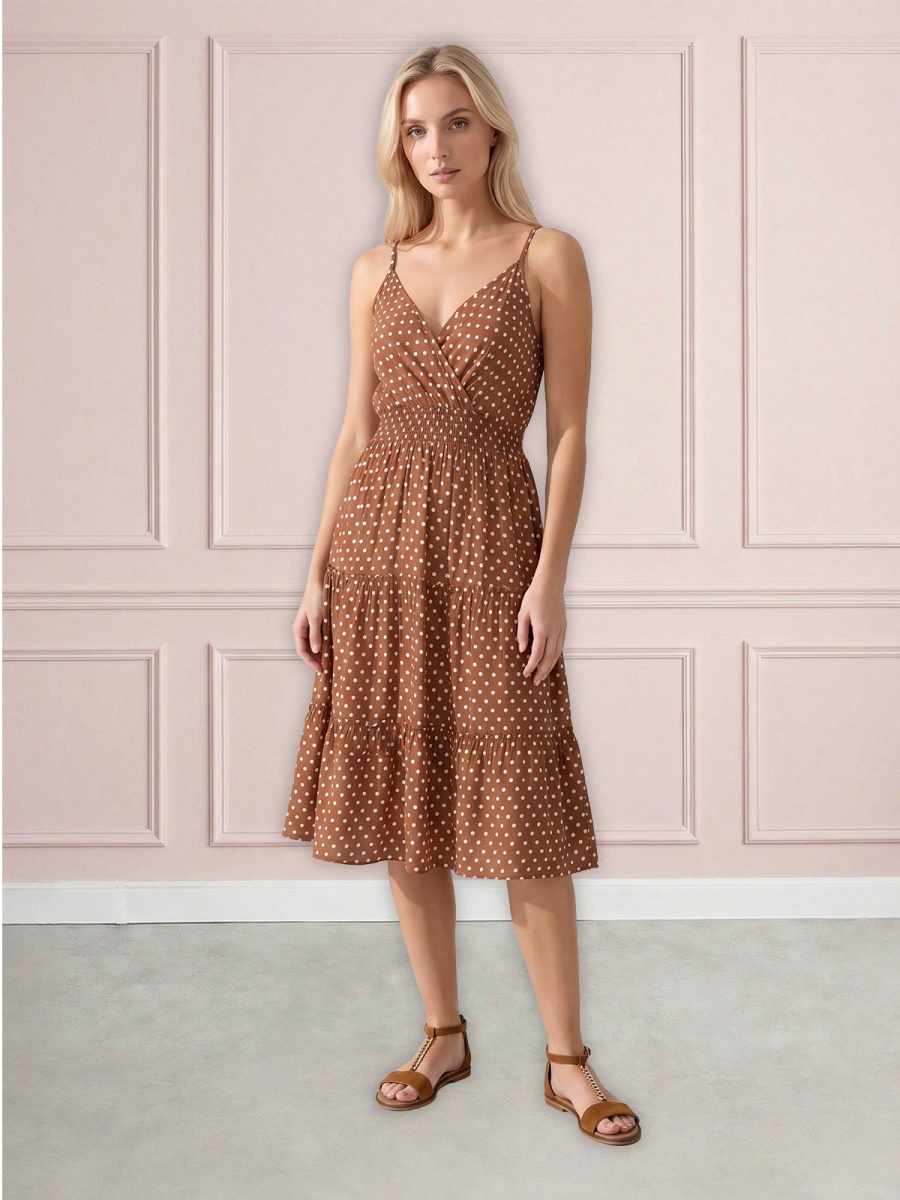Letnia sukienka midi na ramiączka w groszki Pink Fashion Brązowy - W261351