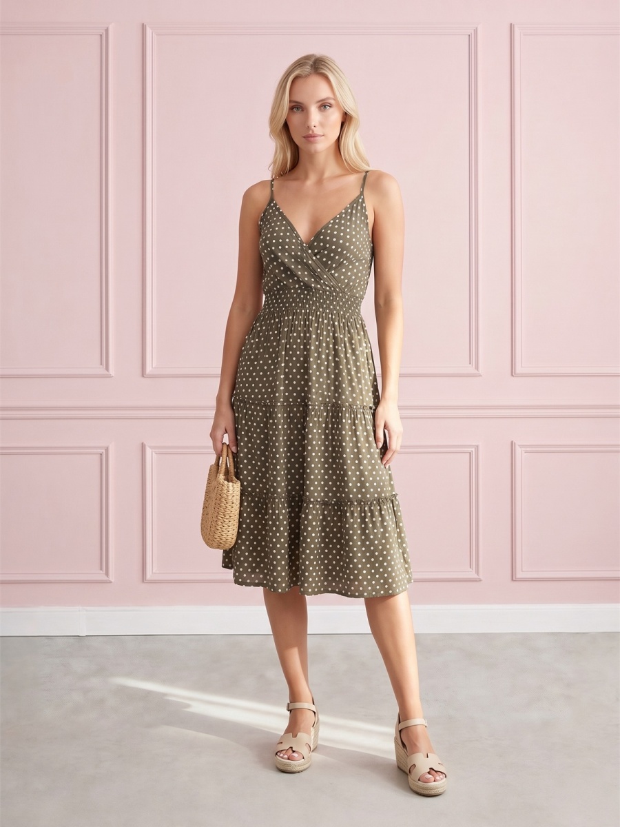 Letnia sukienka midi na ramiączka w groszki Pink Fashion Khaki - W261351