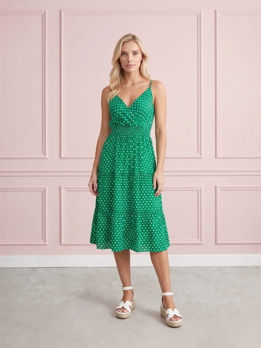 Letnia sukienka midi na ramiączka w groszki Pink Fashion Zielona - W261351