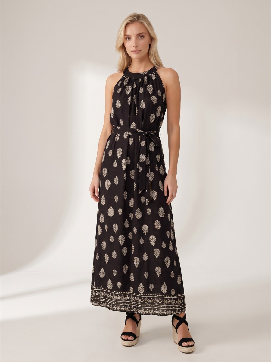 Letnia sukienka maxi wiązana na szyi Pink Fashion - Czarna/Beżowa W261331