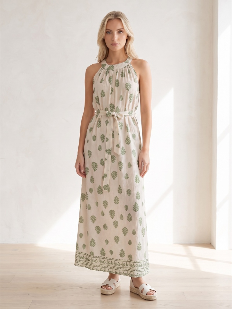 Letnia sukienka maxi wiązana na szyi Pink Fashion - Beżowa/Zielona W261331