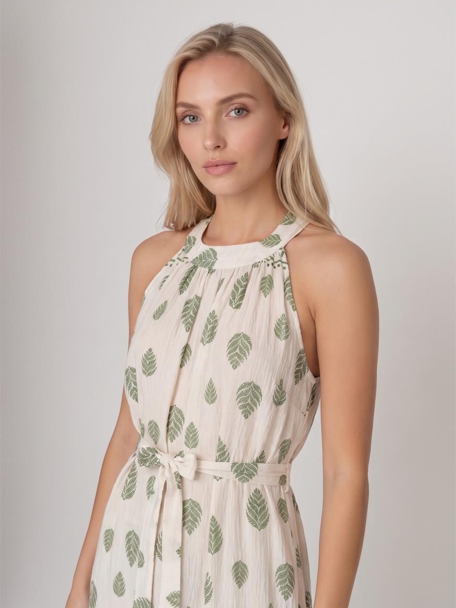 Letnia sukienka maxi wiązana na szyi Pink Fashion - Beżowa/Zielona W261331