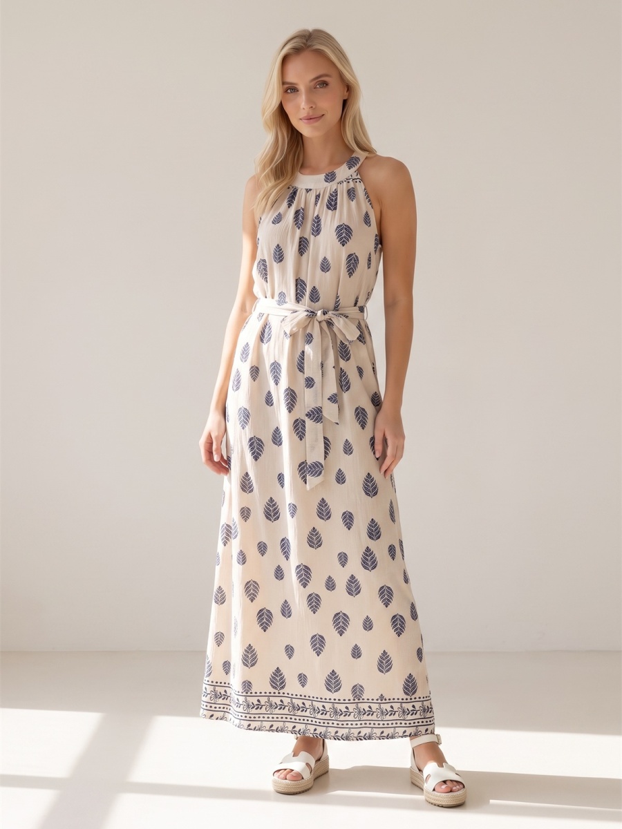 Letnia sukienka maxi wiązana na szyi Pink Fashion - Beżowa/Granatowa W261331