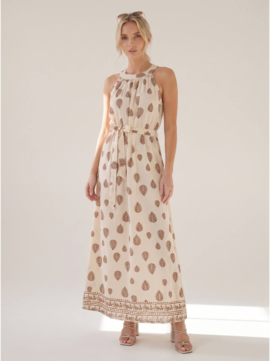 Letnia sukienka maxi wiązana na szyi Pink Fashion - BeżowaBrązowa W261331 (4).jpg