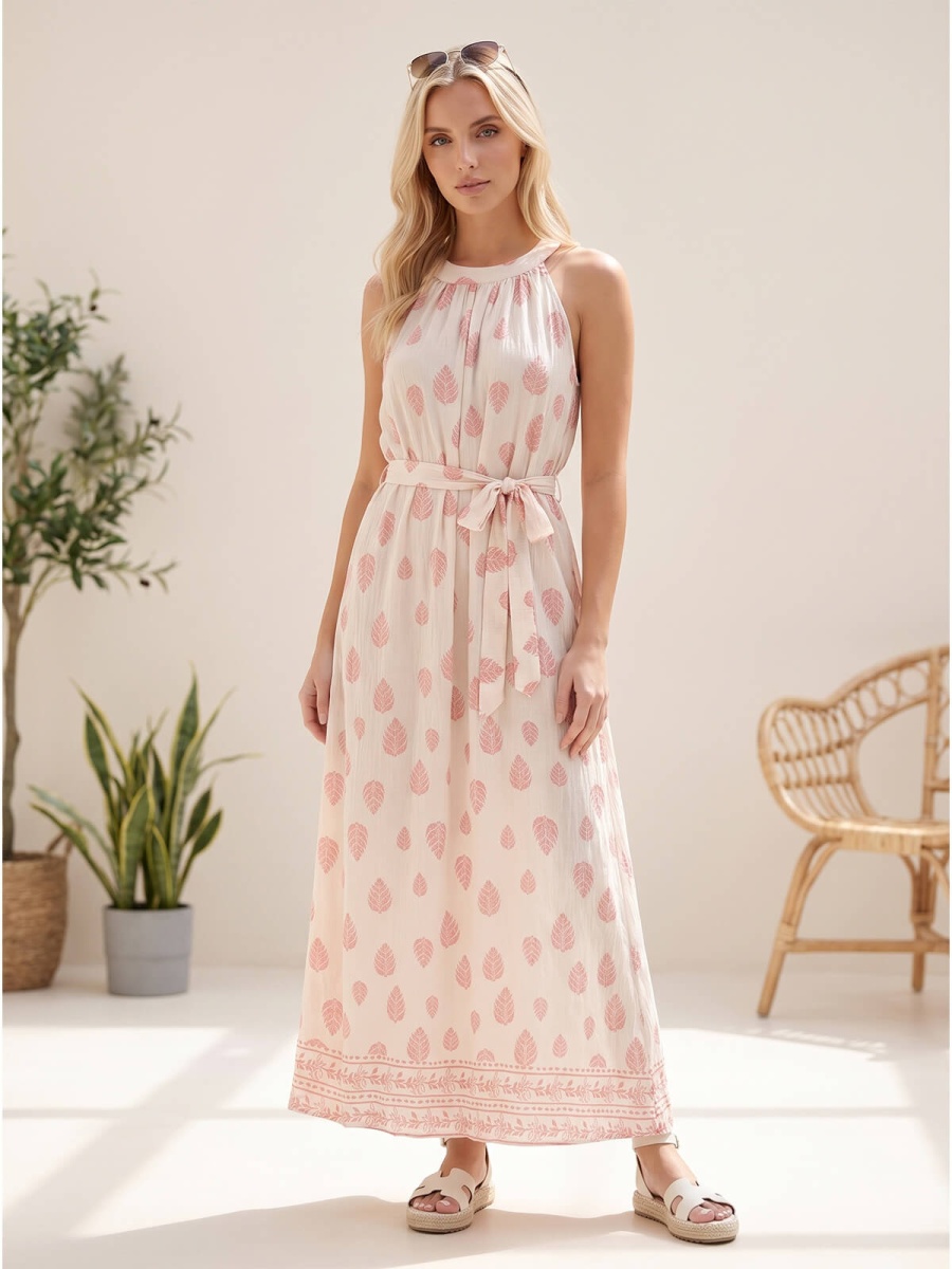 Letnia sukienka maxi wiązana na szyi Pink Fashion - BeżowaRóżowa W261331 (2).jpg