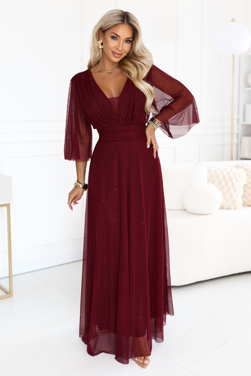 654-6 Długa połyskująca sukienka plus size z dekoltem i transparentnym rękawkiem - bordowa-1 68500 
