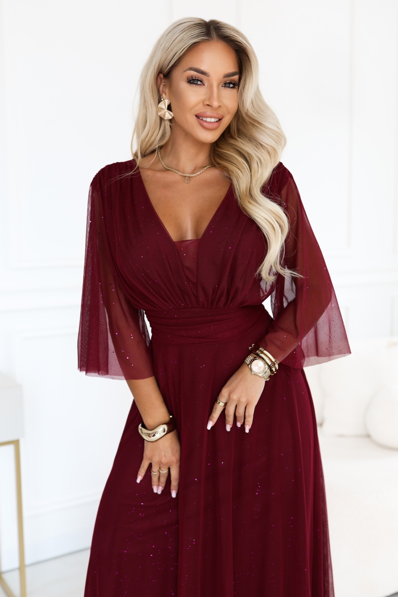 654-6 Długa połyskująca sukienka plus size z dekoltem i transparentnym rękawkiem - bordowa-2 68500 