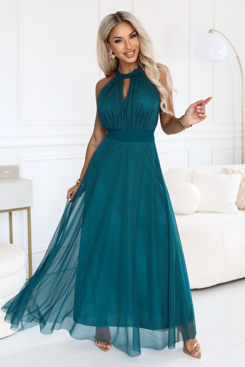 662-4 Elegancka sukienka wieczorowa maxi halter z tiulem i wiązaniem w talii - zielona-1 68527 