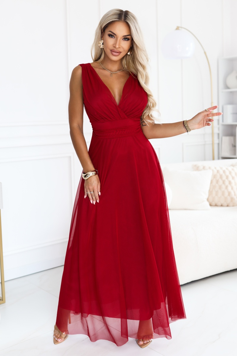 687-2 Elegancka sukienka maxi z kopertowym dekoltem i odkrytymi plecami - jasne bordo-1 68543 