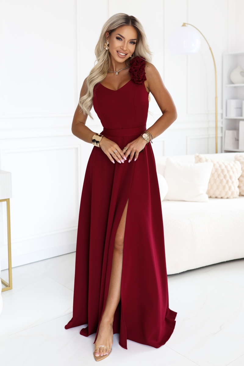 643-9 Elegancka wieczorowa suknia maxi z rozcięciem i różami - bordowa-1 68559 