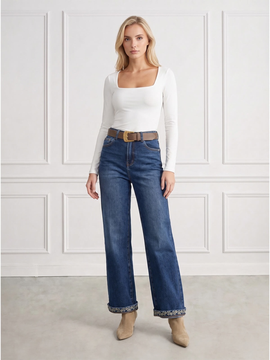 Spodnie jeans damskie M.Sara szerokie proste nogawki Straight C.Niebieskie - J261494