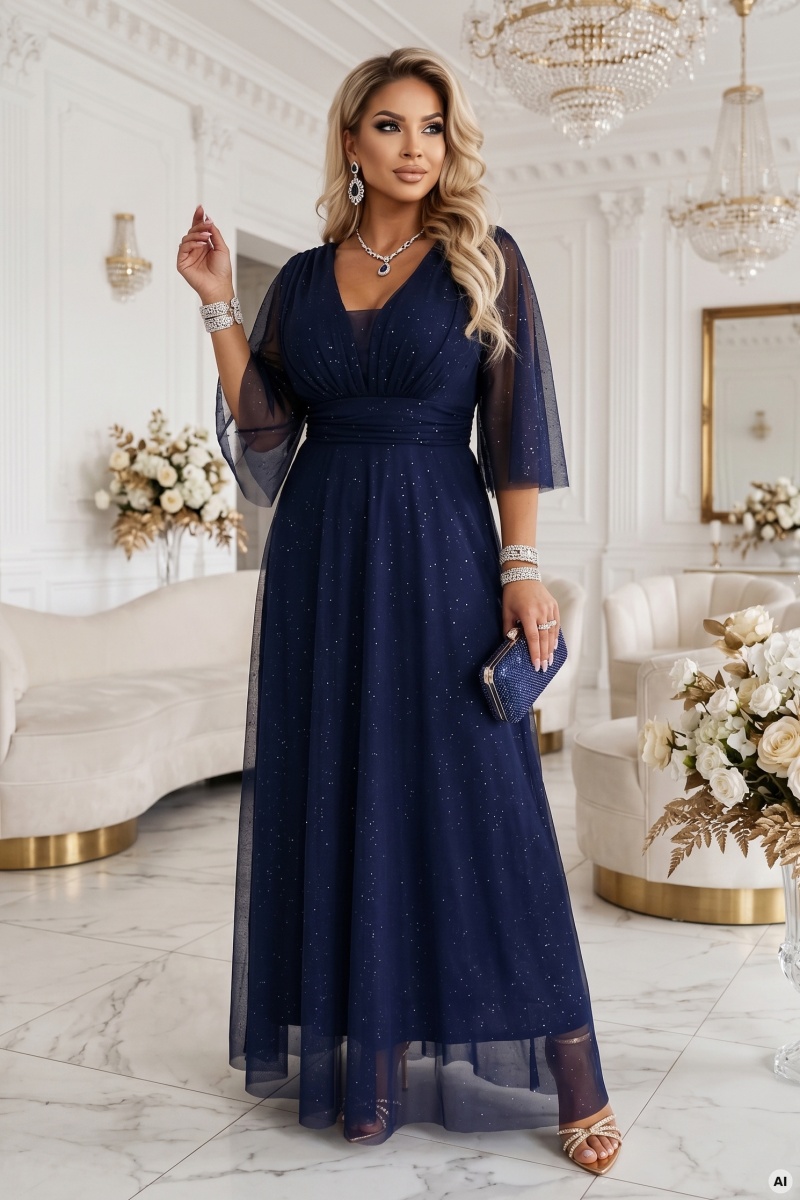 654-7 Długa połyskująca sukienka plus size z dekoltem i transparentnym rękawkiem - granatowa-1 68575 