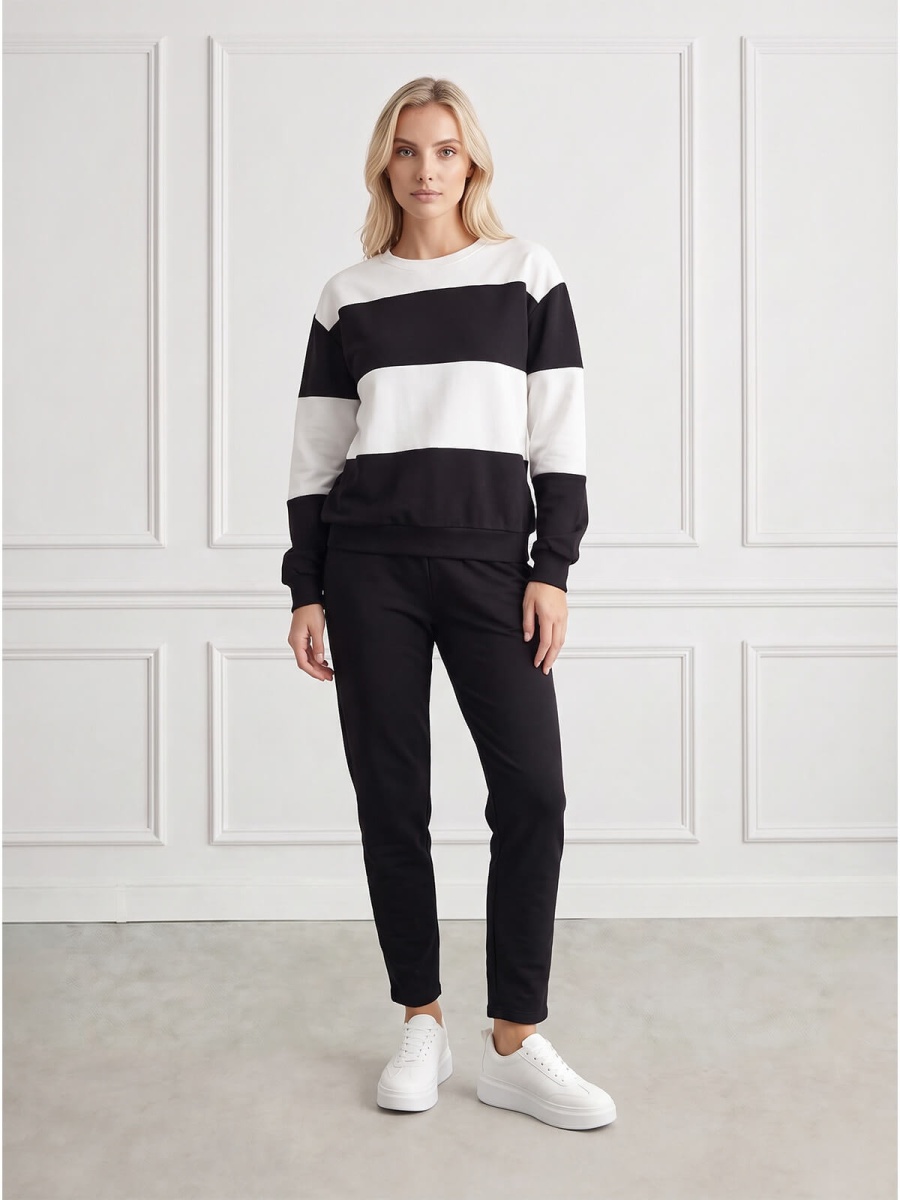 Bluza dresowa damska Megi w paski długi rękaw Śmietankowa/Czarna - J260011