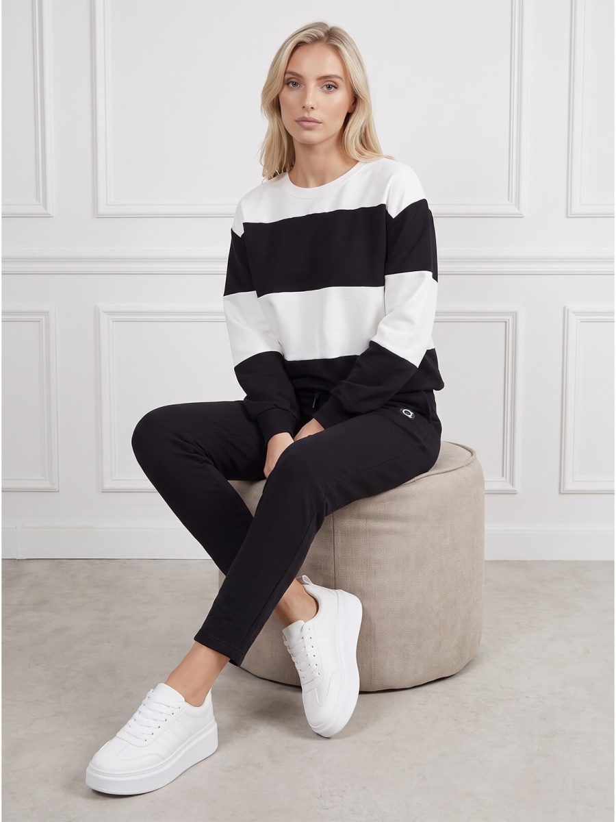 Bluza dresowa damska Megi w paski długi rękaw Śmietankowa/Czarna - J260011