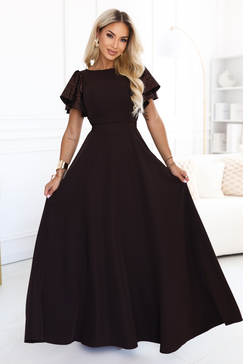 694-2 MIRELLA Elegancka rozkloszowana sukienka maxi z cekinowymi rękawami - czekoladowy brąz-1 68610 