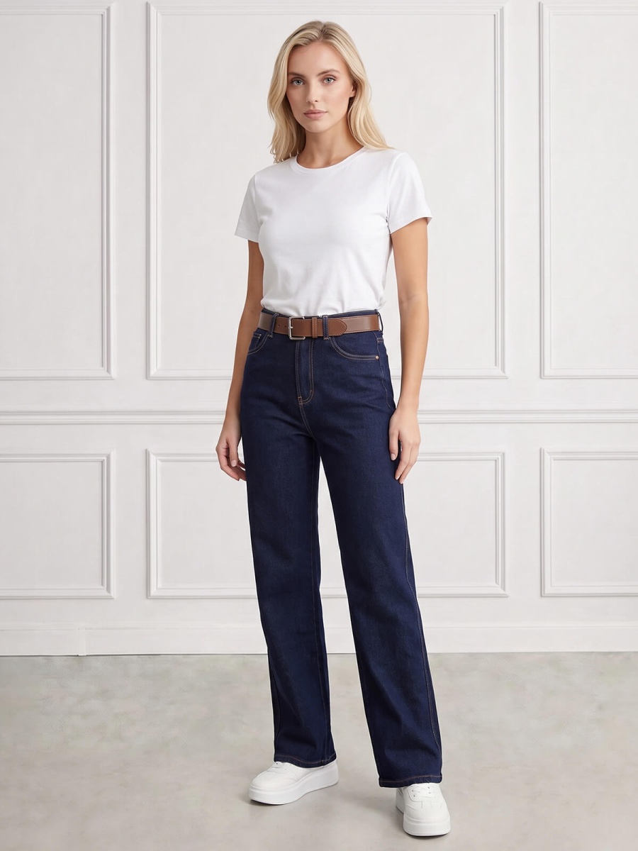 Spodnie jeans damskie M.Sara szerokie proste nogawki Straight Granatowe - J261715