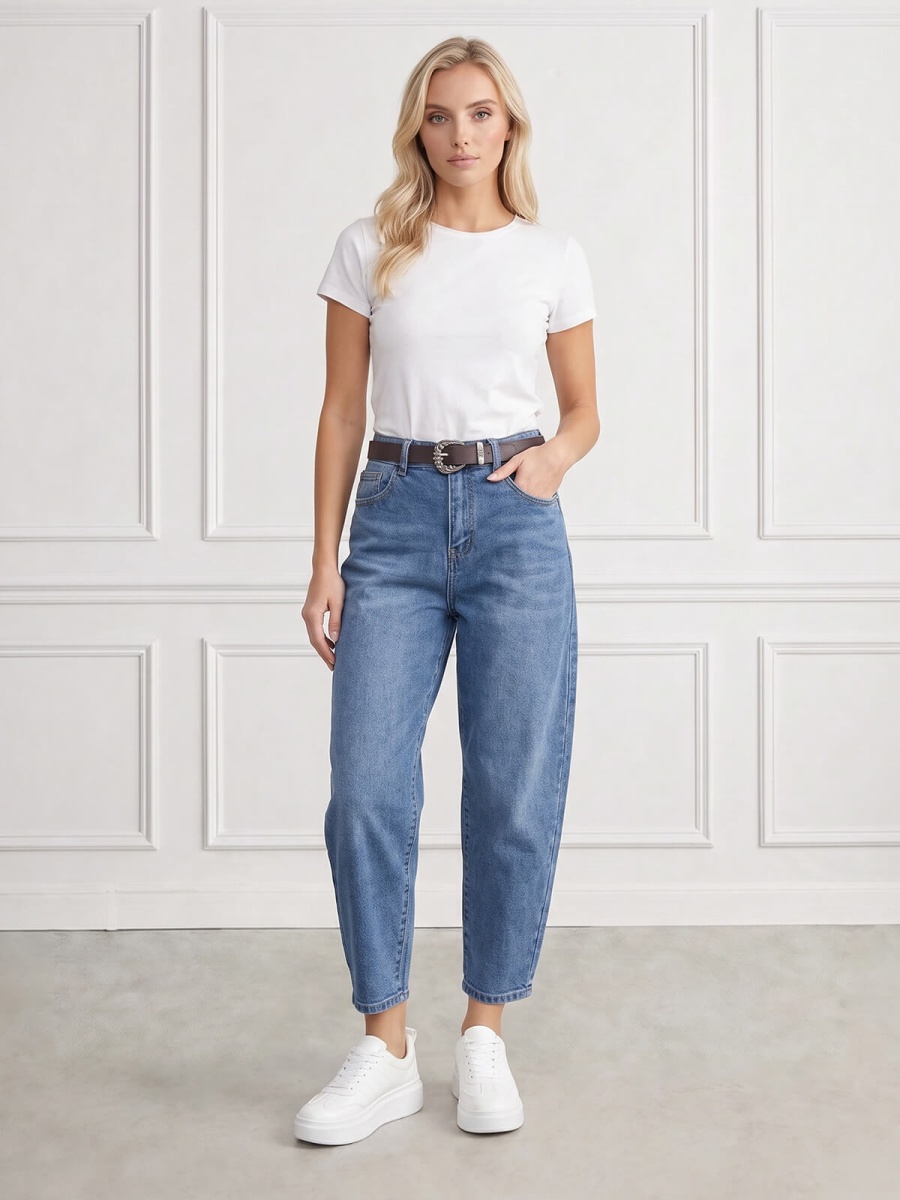 Spodnie jeans damskie M.Sara Balloon wysoki stan Niebieskie - J261710