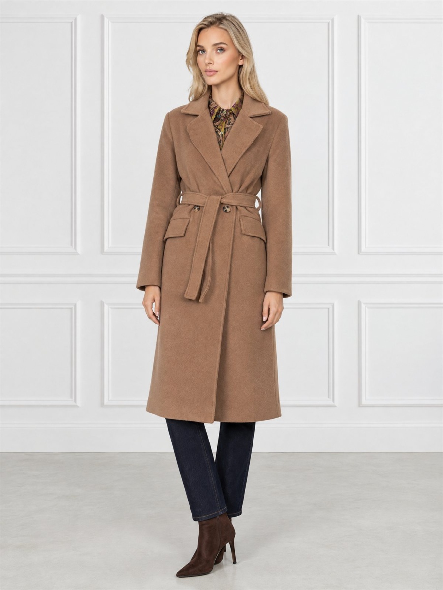 Długi płaszcz damski dyplomatka dwurzędowy Camel - J261892