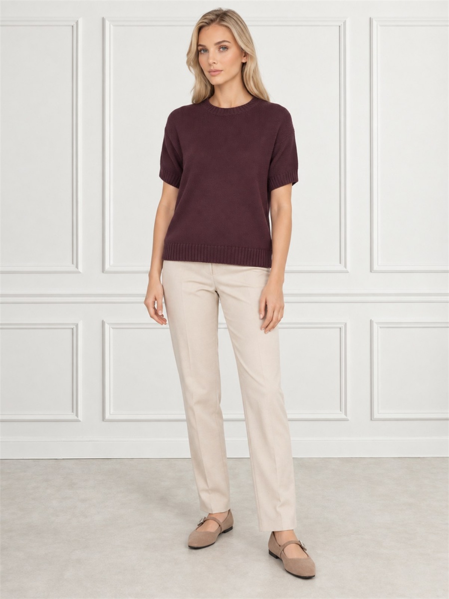 Sweter damski z krótkim rękawem bawełniany krój prosty Burgundowy - W260298