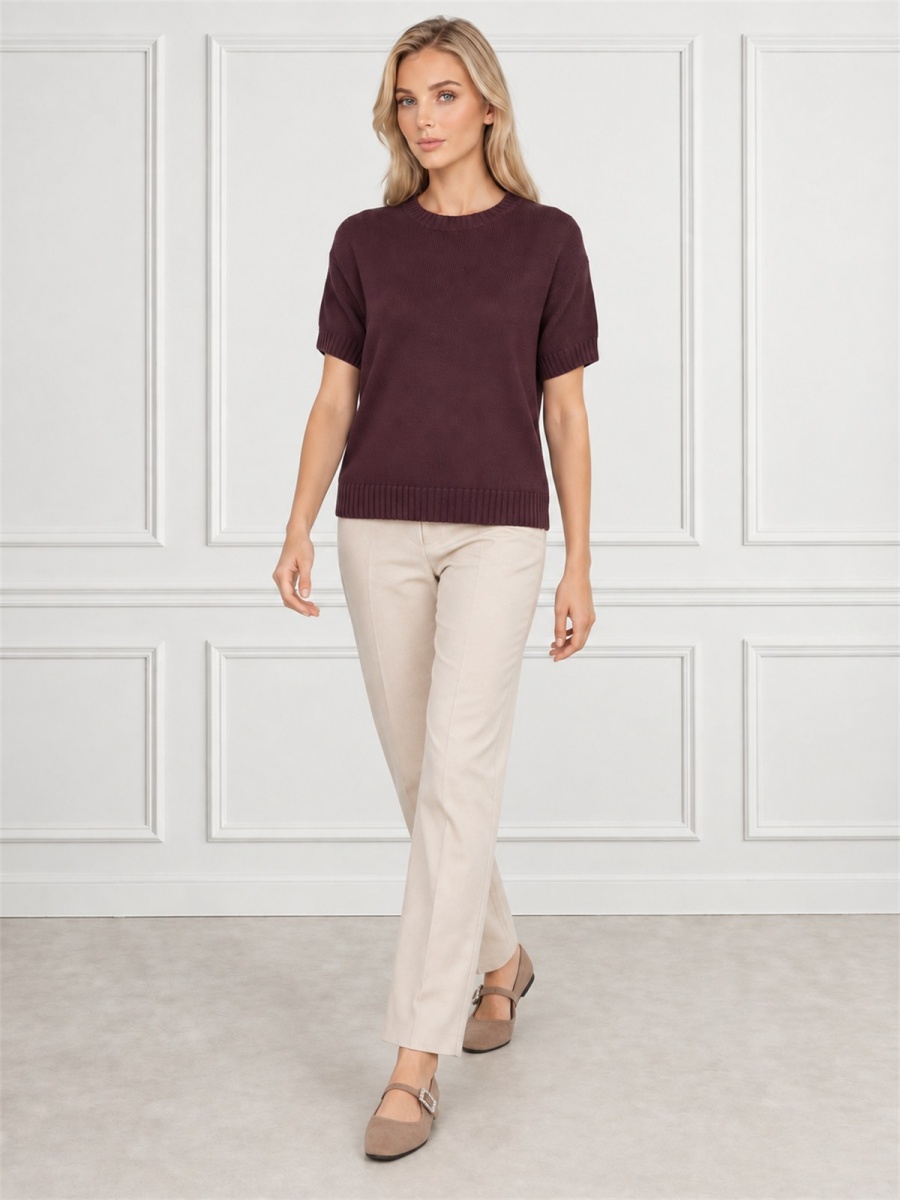 Sweter damski z krótkim rękawem bawełniany krój prosty Burgundowy - W260298