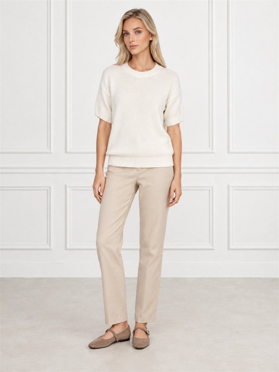 Sweter damski z krótkim rękawem bawełniany krój prosty Ecru - W260298