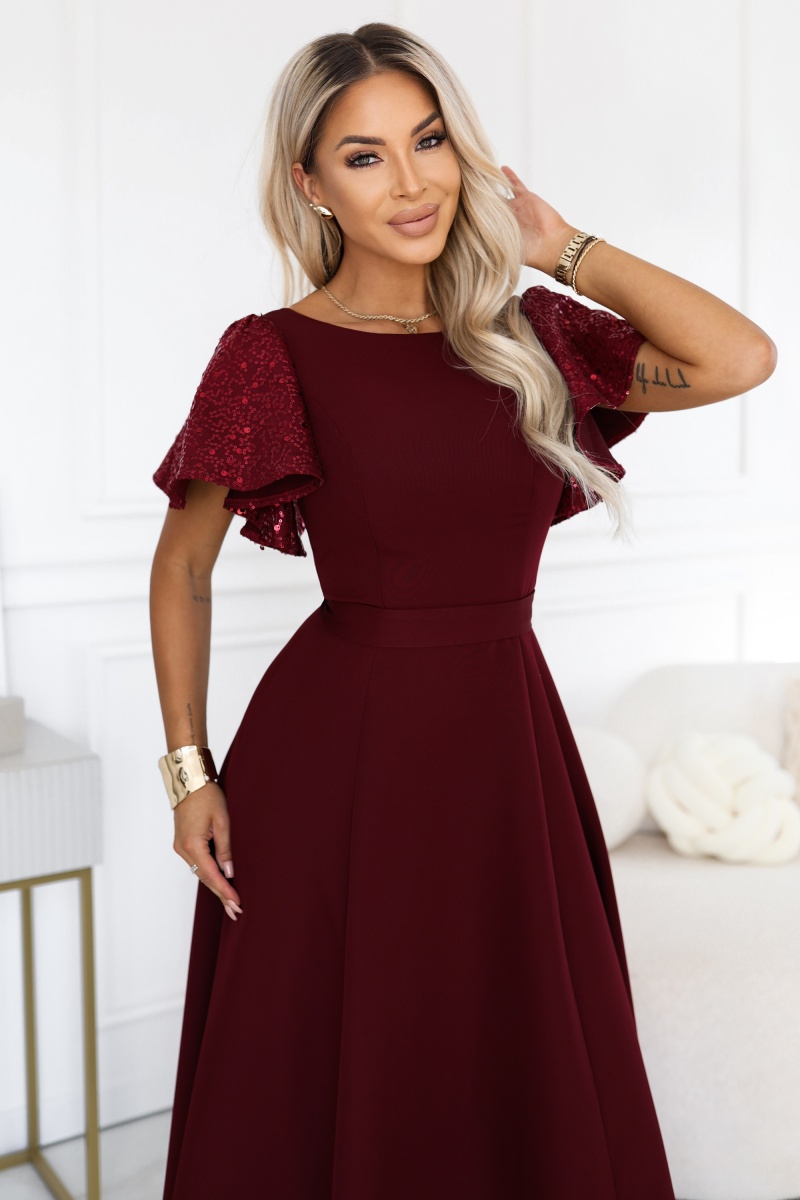 694-3 MIRELLA Elegancka rozkloszowana sukienka maxi z cekinowymi rękawami - bordowa-2 68672 