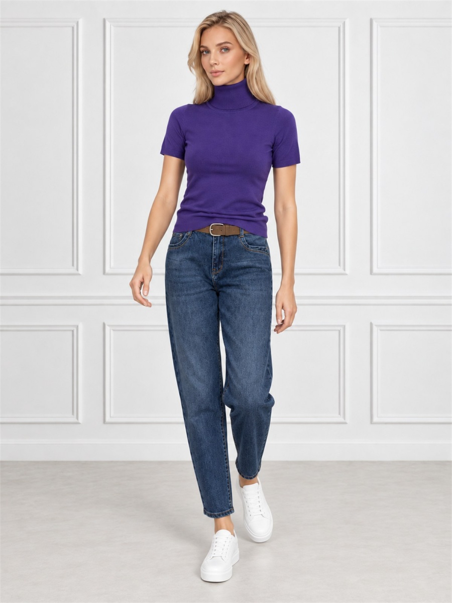 Obcisły sweter golf damski na krótki rękaw Fioletowy - J261952
