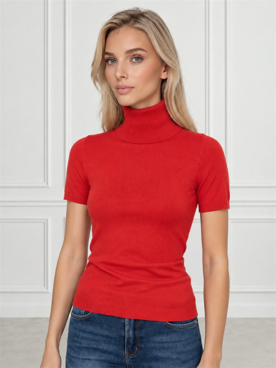 Obcisły sweter golf damski na krótki rękaw Czerwony - J261952