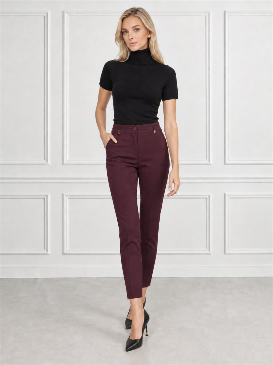 Eleganckie spodnie damskie cygaretki 7/8 Burgundowy - J231714