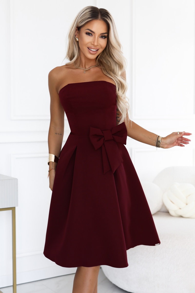 692-3 NAYA elegancka gorsetowa sukienka midi bez ramiączek z kokardą - bordowa-2 68694 