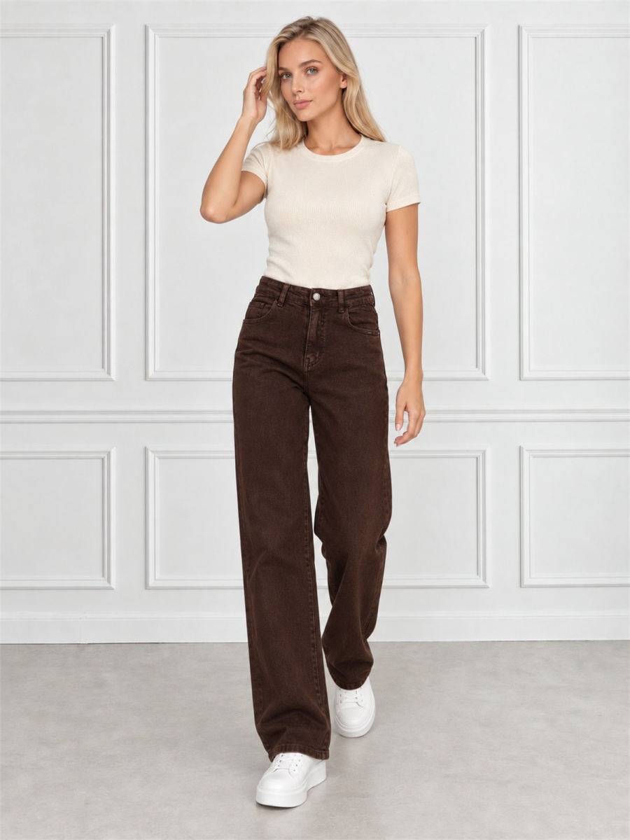 Spodnie jeans damskie M.Sara szerokie proste nogawki Straight Czekoladowe - J262017