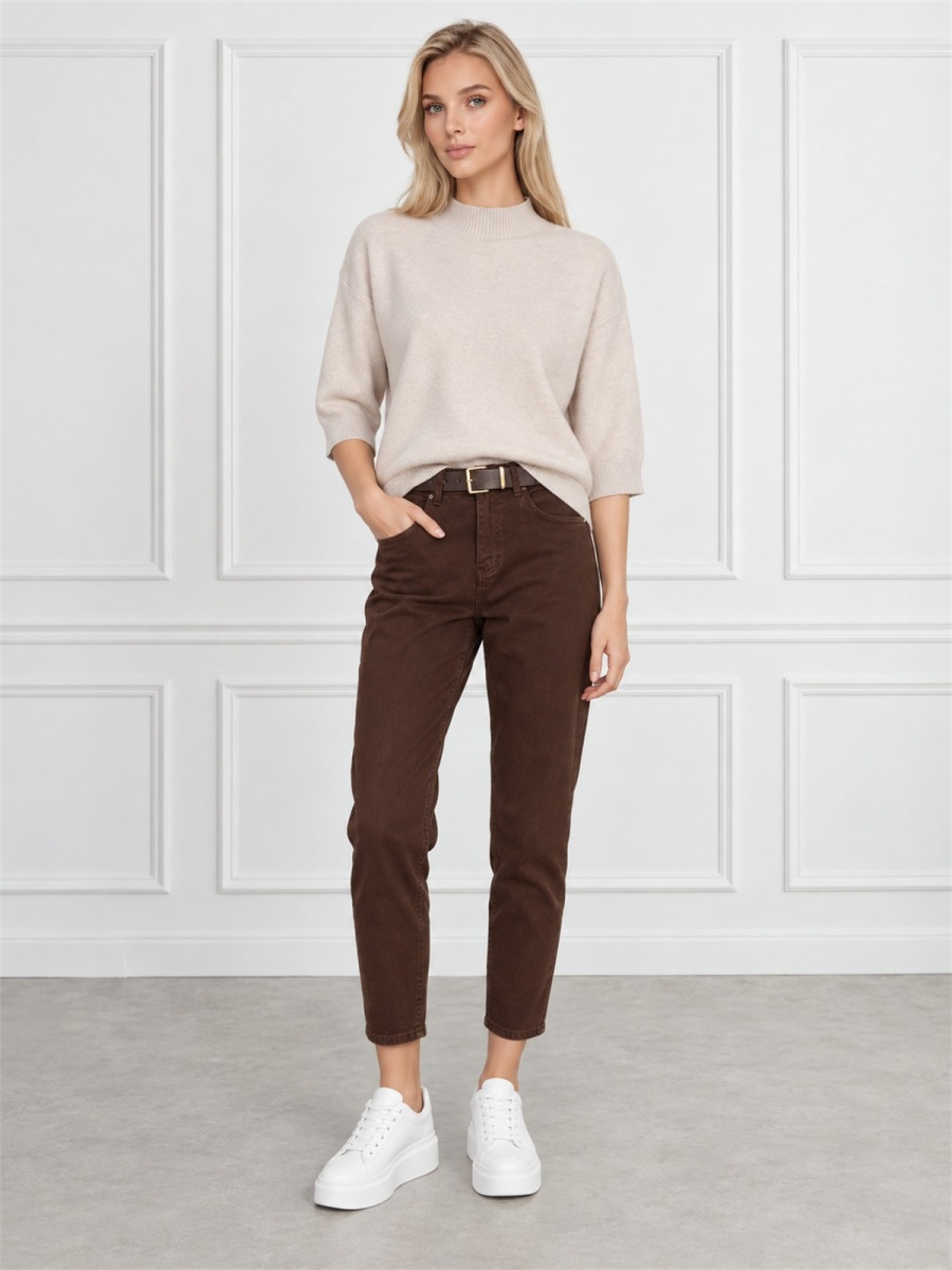Spodnie jeans damskie M.Sara Boyfriend wysoki stan Czekoladowe - J261997