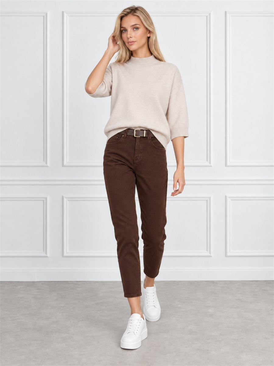 Spodnie jeans damskie M.Sara Boyfriend wysoki stan Czekoladowe - J261997