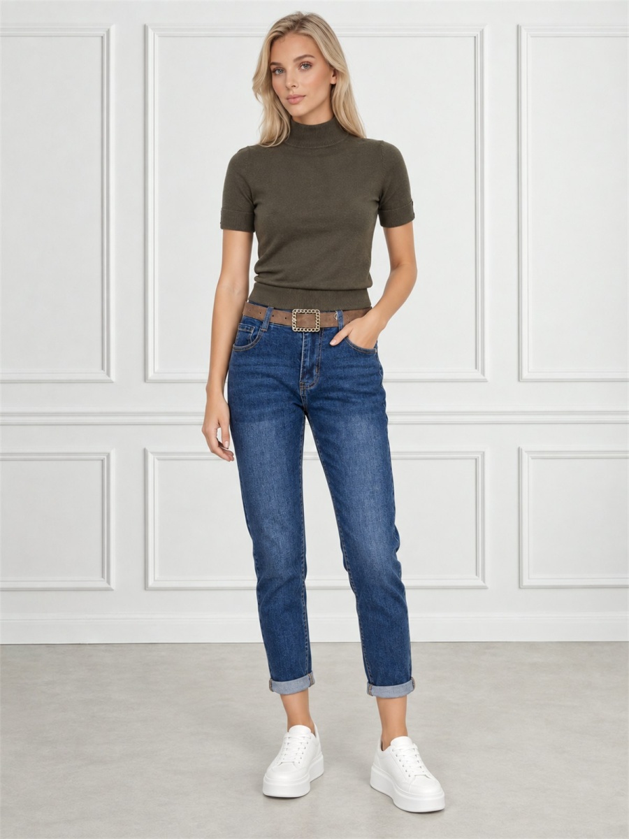 Spodnie jeans damskie M.Sara Boyfriend wysoki stan Ciemnoniebieskie - J262022