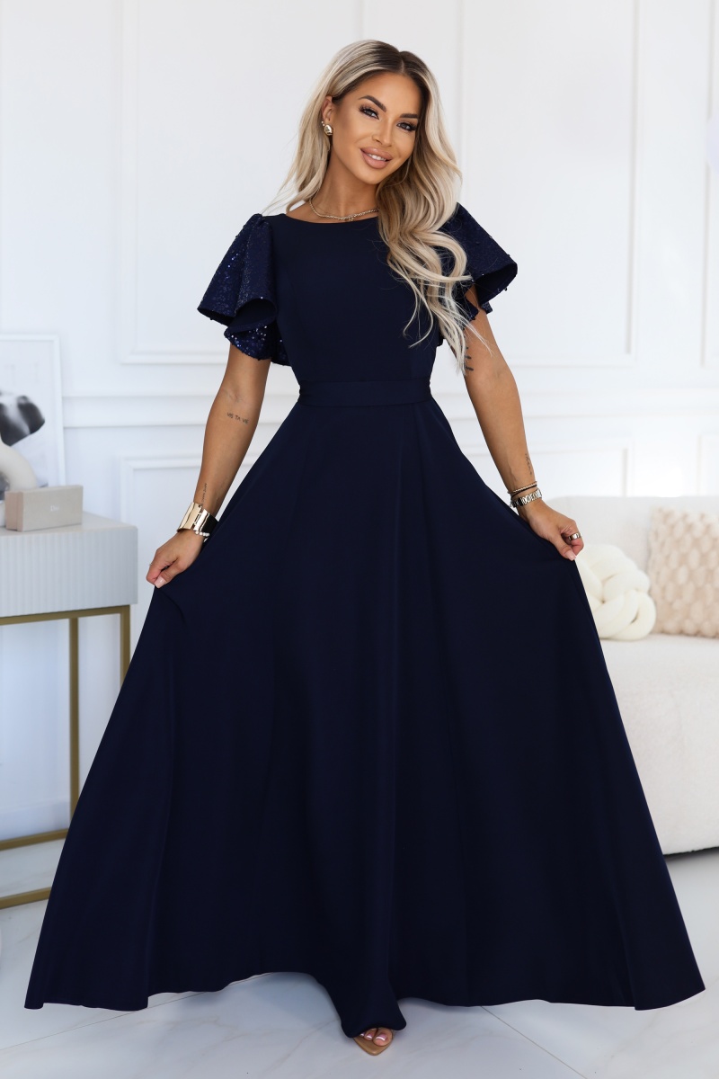 694-4 MIRELLA Elegancka rozkloszowana sukienka maxi z cekinowymi rękawkami - granatowa-1 68716 